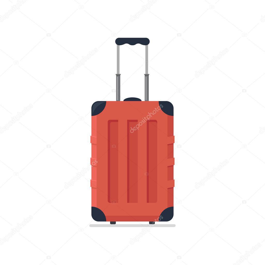 Icon luggage. Flat style red tourist plastic suitcase. Business and family summer vacation luggage. Vector