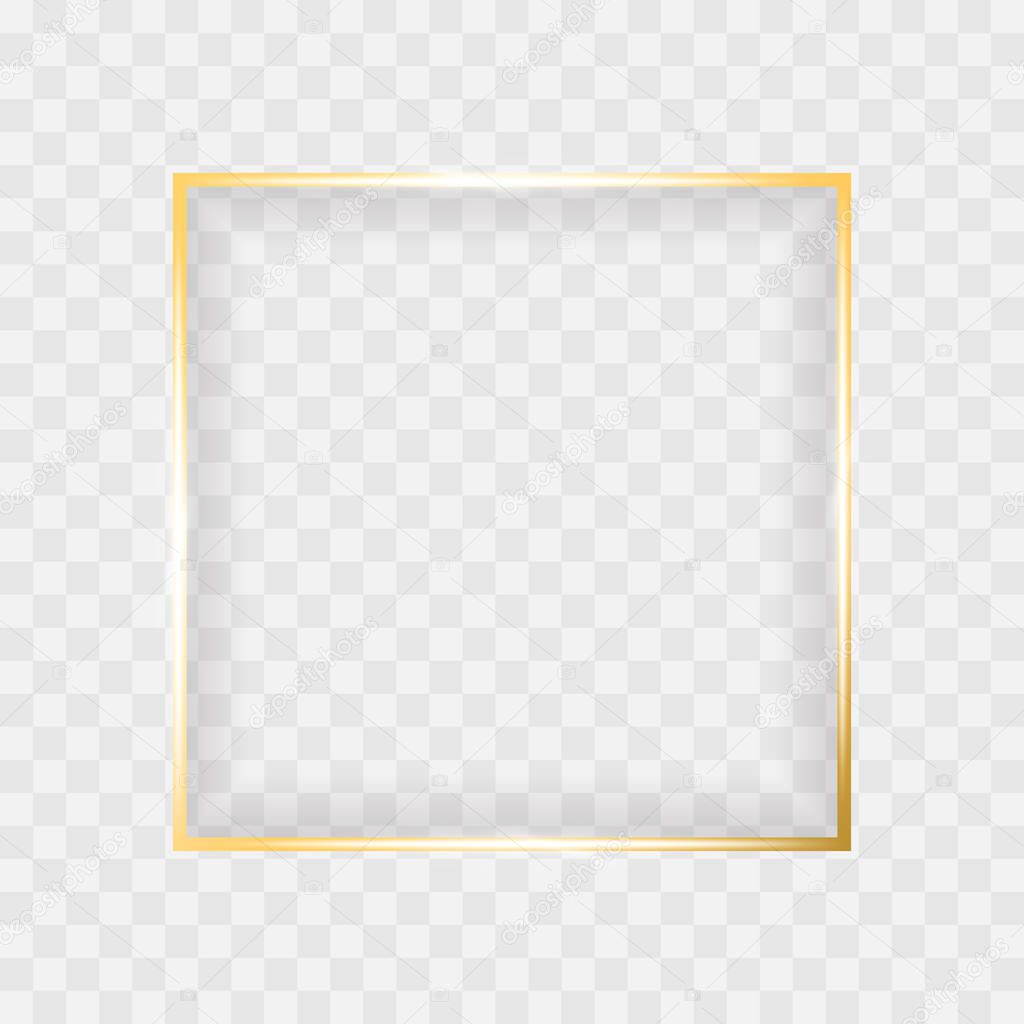 Gold shiny glowing square frame isolated on transparent background. Vector border for creative design