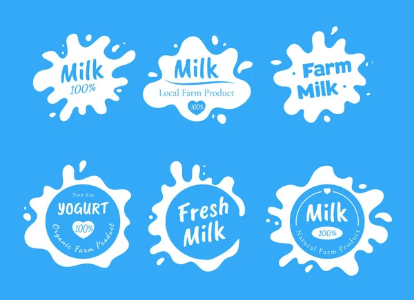 Set of various isolated white milk logo, splash and spot with drops. Fresh natural dairy products blots — Stock Vector