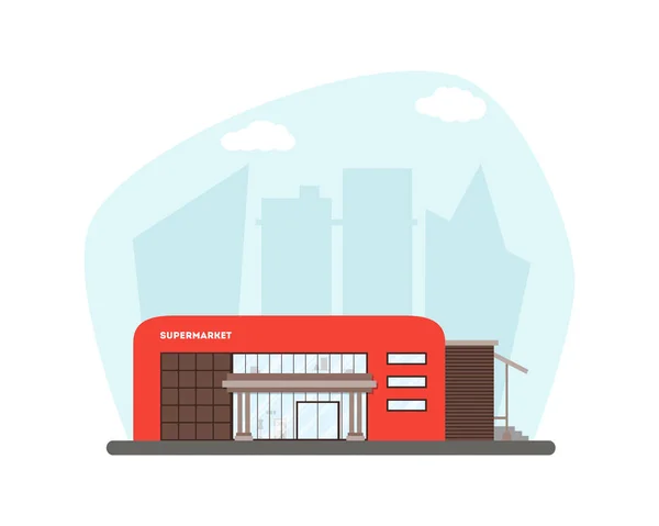 Supermercado plano sobre fondo de ciudad — Vector de stock