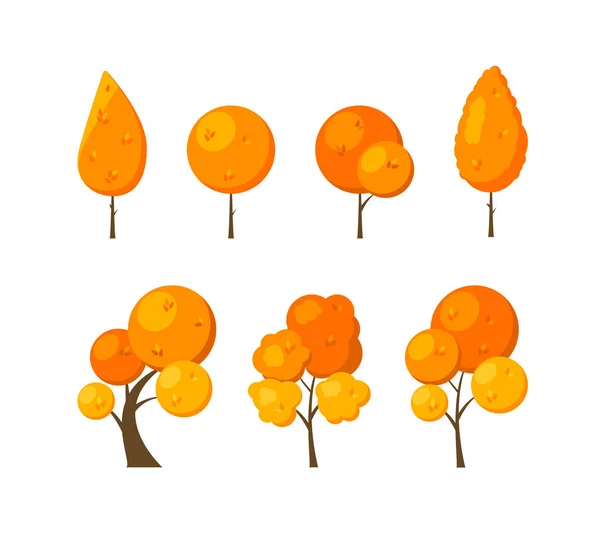 Ensemble d'icônes arbres d'automne plats isolés sur fond blanc. Éléments de forêt verte, parc ou jardin — Image vectorielle