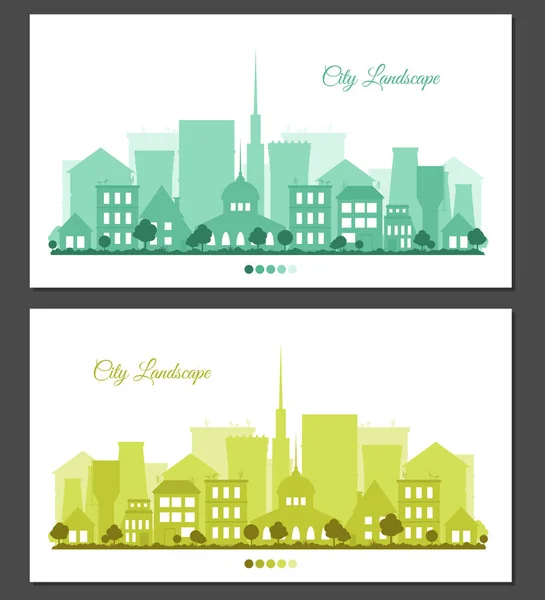 Plano coloridos paisajes de la ciudad conjunto. Tarjeta de felicitación o invitación con lugar para el texto. Fondo urbano para tarjeta — Vector de stock