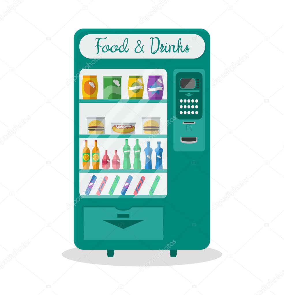 Flat style green automatic vending machine with food and drink