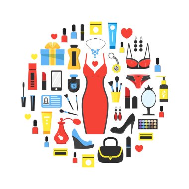 Kadının eşyaları daire şeklinde dizilmiş. Kız aksesuar ikonu koleksiyonu ayakkabı, mücevher, parfüm, kozmetik, ayna, elbise, iç çamaşırı. Makyaj malzemeleri. Modern düz tasarım. Beyaz üzerine vektör illüstrasyonu.