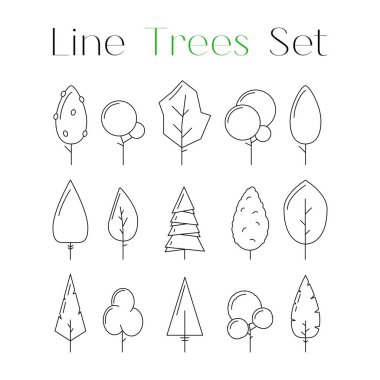 Sevimli çizgi tasarımı sanat ağacı simgeleri seti. Doğa ormanlarının ya da park elementlerinin toplanması. Düz doğal işaretler. Kart, poster ve afiş konseptinin bir parçası olarak dekorasyon objeleri. Vektör çizimi izole edildi