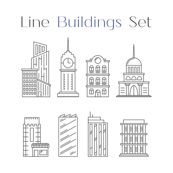 Линейка дизайнерских артхаусных и строительных декораций. Собрание архитектуры. Плоские конструкции. Объекты для украшения как часть открытки, плаката, баннерного города или городской концепции. Векторная иллюстрация
