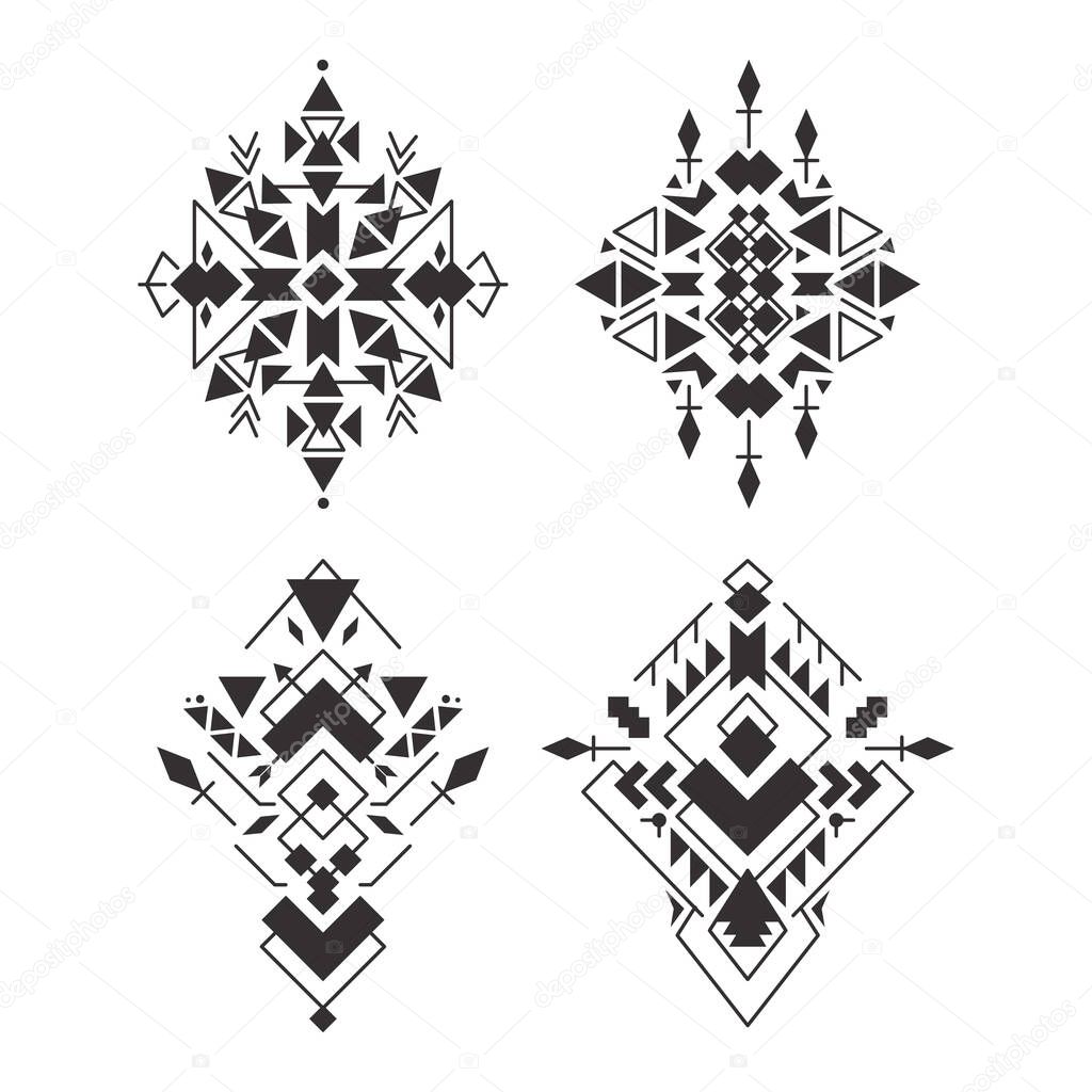 Abstract geometric aztec patterns set. Mexican tribal ethnic design. Indian traditional ornament. Collection of elements for decoration, card, tattoo, cover, Vector illustration isolated on white.