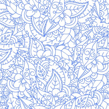 Çiçekler ve yapraklarla soyut monokrom çiçekli karalama arka planı. Kusursuz şirin desen. Kart, davetiye, sunum arkaplanı, defter kapağı, ambalaj kağıdı. Vektör illüstrasyonu