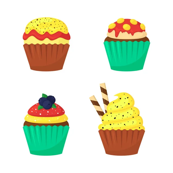 Plano bonito deliciosos muffins coloridos conjunto —  Vetores de Stock