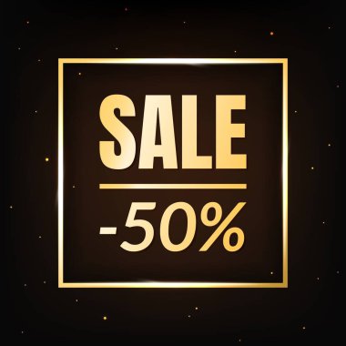 Esmer arka planda% 50 indirimli pankart şablonu. Altın kare çerçeveli metin. Üzerinde satış işareti olan bir poster. Pazarlama tanıtım satış teklifi konsepti. Kara Cuma. Vektör illüstrasyonu.