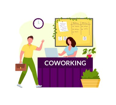 Ortak çalışma merkezi resepsiyonu. Genç kızı selamlayan adam. Bağımsızlar 'ın yaratıcı alanı. Modern iş bürosu
