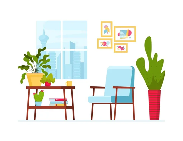 Ilustración vectorial con interior acogedor. Ventana, mesa con plantas de la casa, sillón escandinavo y pintura en la pared — Vector de stock