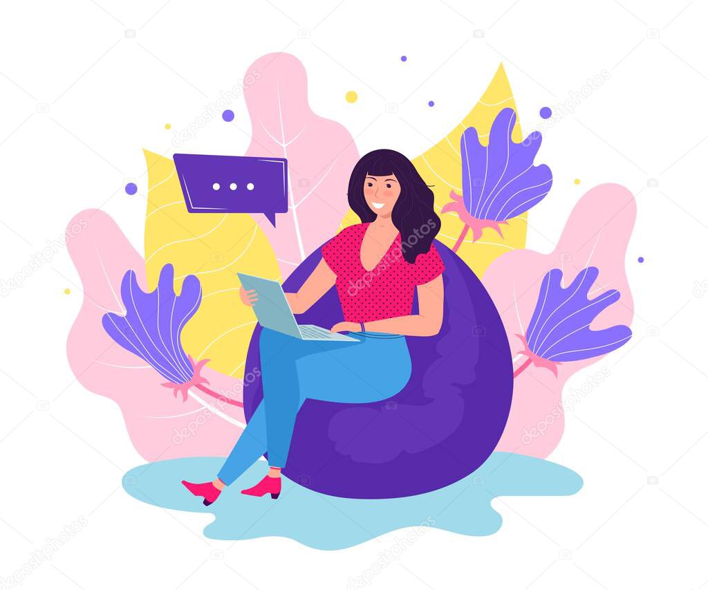 Cute young woman sitting on comfy frameless chair with laptop computer, working freelance. Flat vector illustration