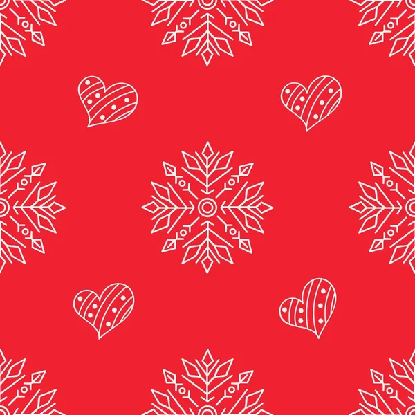 붉은 크리스마스 물갈퀴와 눈송이와 심장이 있는 패턴입니다. 카드나 포장지를 만드는 겨울 장식물 — 스톡 벡터