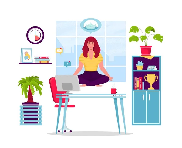Дівчина медитує на робочому місці. Бізнес-леді робить йогу, щоб заспокоїти стресові емоції від важкої роботи в офісі за столом — стоковий вектор