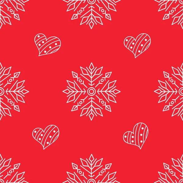 Patrón sin costuras de Navidad roja con copos de nieve garabato y corazones. Adorno de vacaciones de invierno para tarjeta o papel de regalo — Vector de stock