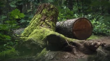 Ilıman bir yağmur ormanında devrilmiş ağaç gövdesi yeşil yosunlarla kaplı. Yavaş çekim. 