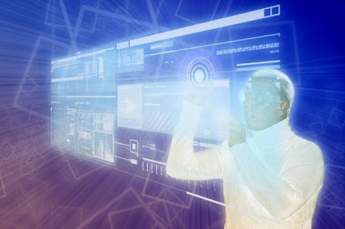 Siber adam beyaz Augmented gerçeklik dijital ekran kullanarak