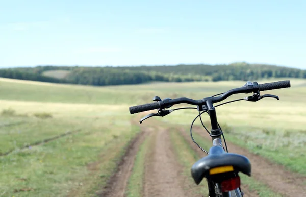 Geparkeerde fiets en weg in de natuur bos landelijke achtergrond — Stockfoto