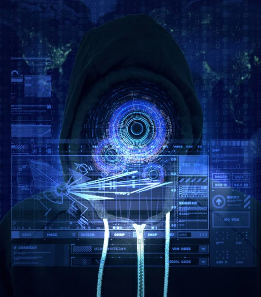 Hooded man met digitale Augmented Reality overlay — Stockfoto