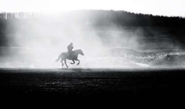 Lone Man on Horse Sunset Silhouette — Stock Photo, Image