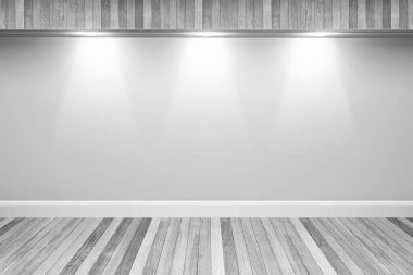Beyaz renkler duvar ve ahşap zemin iç kısmı ışık noktaları, 3D illüstrasyon 2
