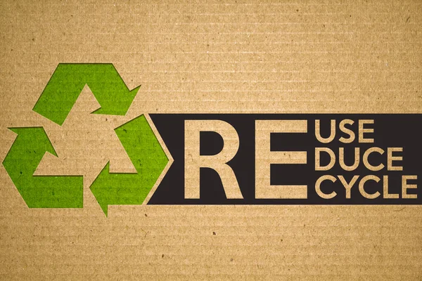 Recycling Grünes Symbol Auf Karton Mit Text Recycling Wiederverwendung Reduzieren — Stockfoto