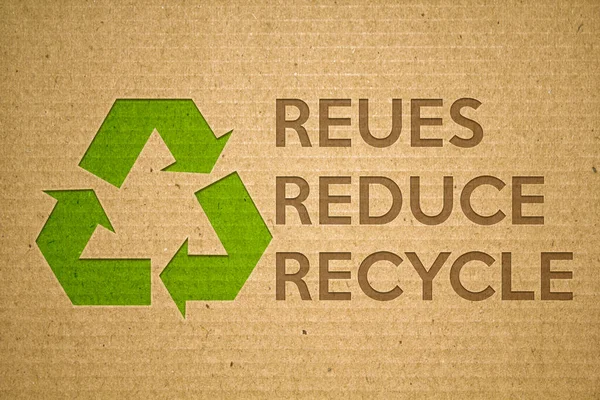 Recycling Grünes Symbol Auf Karton Mit Text Recycling Wiederverwendung Reduzieren — Stockfoto