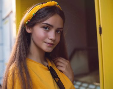 Kameraya etkileyici hafif bir arka plan üzerinde arayan genç güzel kadın. Kız portre. Güzellik kadını genç kız portresi. Güzel neşeli uzun saçlı zevk. Clean Skin. Genç kız.