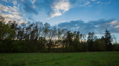 Çayır ve ormanın üzerinde güzel bir akşam ya da sabah gökyüzü. Polonya kırsal kesimi.