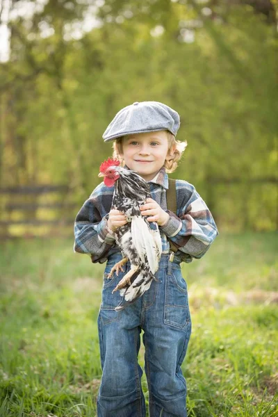 Ett Litet Pojkporträtt Med Kyckling Vit Krullhårig Pojke Hatt Håller — Stockfoto