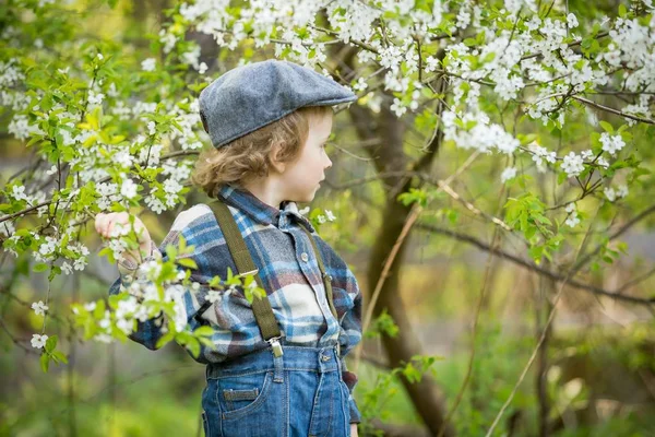 Ung Blond Pojke Poserar Blommande Fruktträdgård Våren — Stockfoto