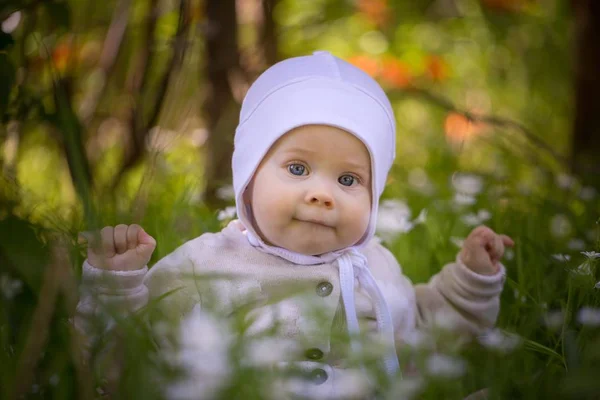 Menina Pequena Caucasiana Sentado Grama Floresta Linda Criança Menina Retrato — Fotografia de Stock