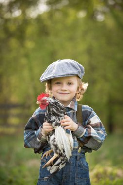 Tavuklu küçük çocuk portresi. Kafkas kıvırcık saçlı, şapkalı çocuk elinde küçük bir tavuk tutuyor..
