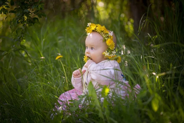 Маленька Біла Дівчинка Сидить Траві Лісі Красива Дитяча Дівчинка Портрет — стокове фото