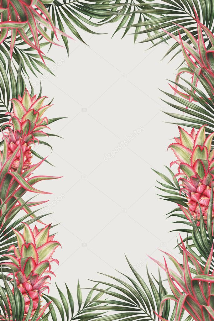 Palm leaves and pineapple border design. Tropical watercolor background. Palm tree leaves and pink pineapple greeting card or wedding invitation. Tropical frame decoration.