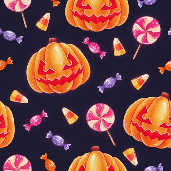 Bonbons d'Halloween et Jack-o-lanterne citrouille motif sans couture. — Photo