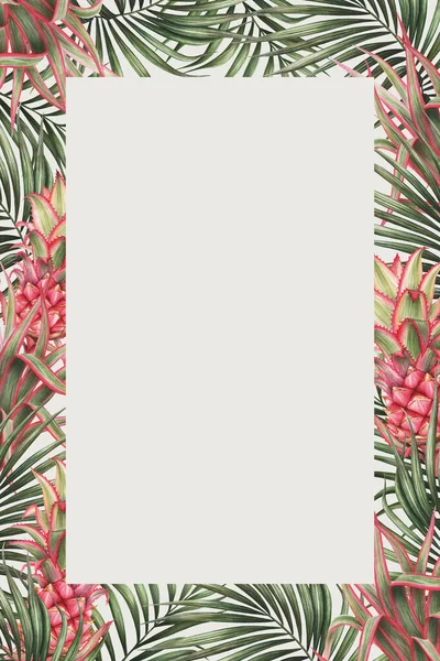 Palm bladeren en ananas rand ontwerp. Tropische aquarelachtergrond. Uitnodiging of wenskaart — Stockfoto