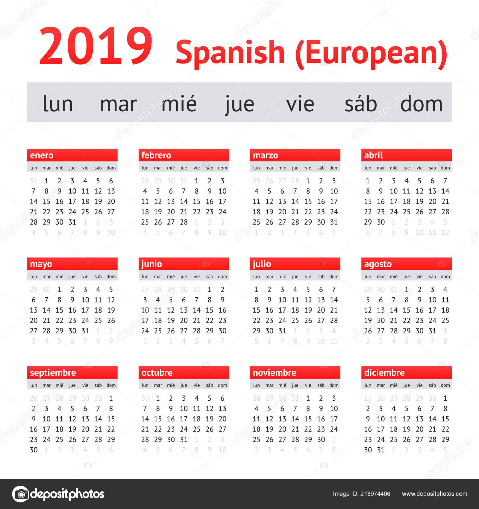 Calendar 19 Spain European Spanish Calendar Vector Image By C New Year Vector Stock