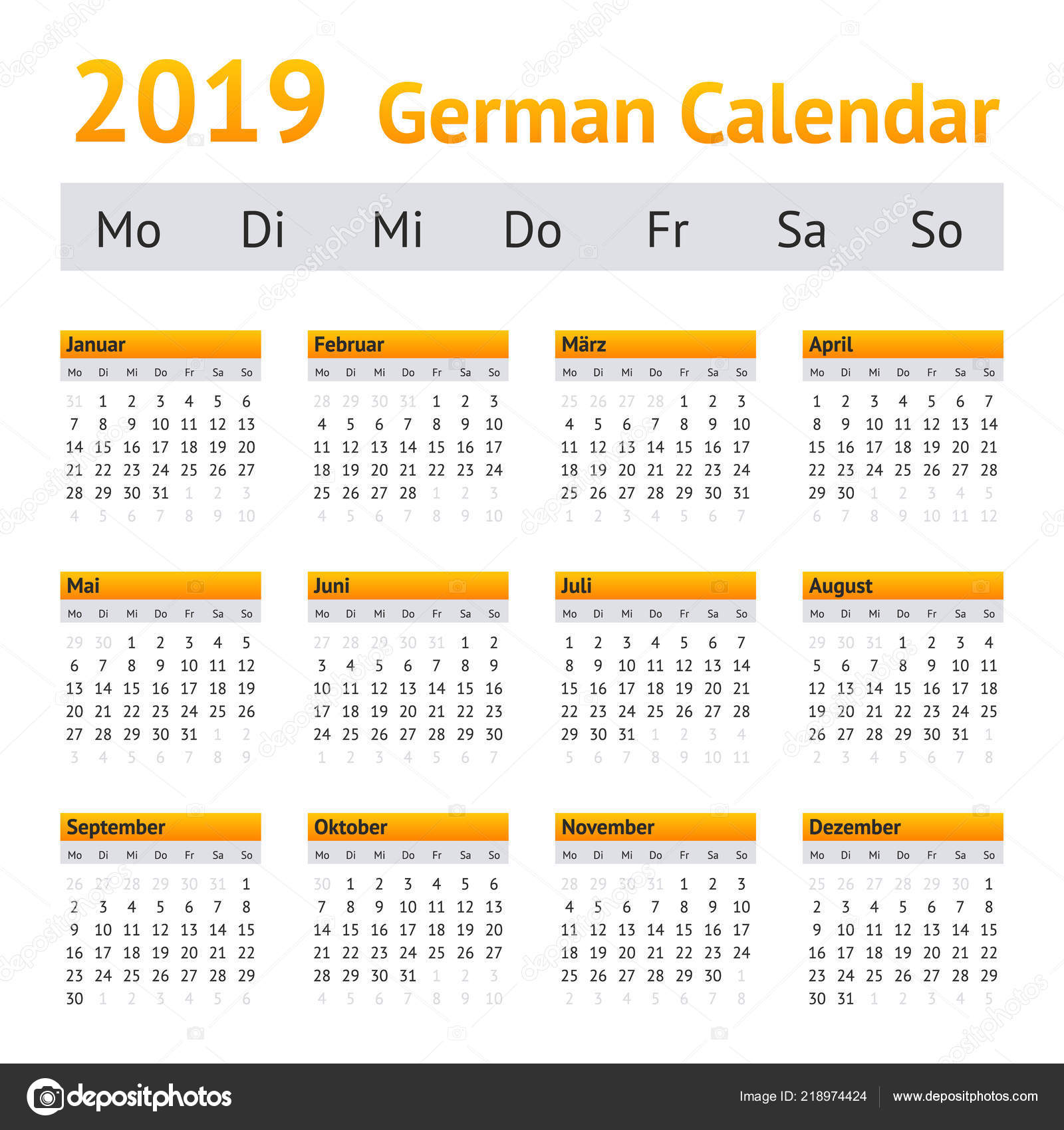 2019 German Calendar Week Starting Monday — Stock Vector © NewYear