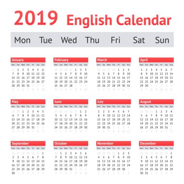 2019 Avrupa İngilizce Takvim