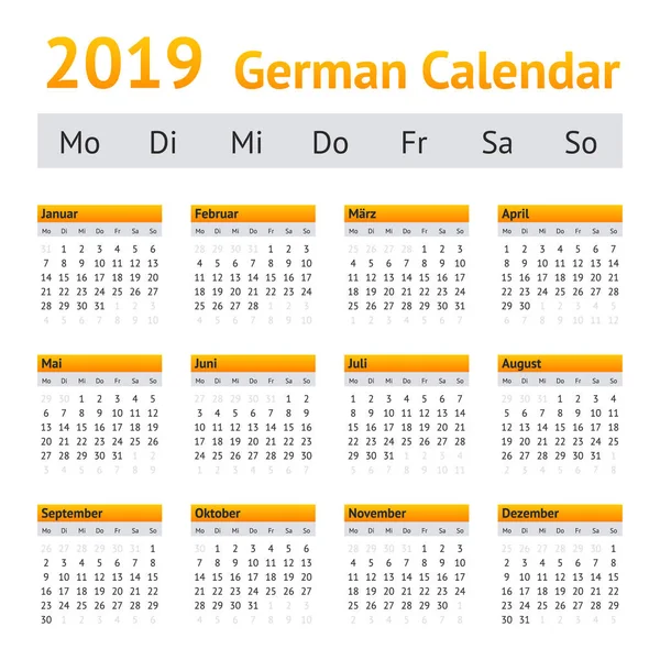 Calendario Alemán 2019 Semana Partir Del Lunes — Archivo Imágenes Vectoriales