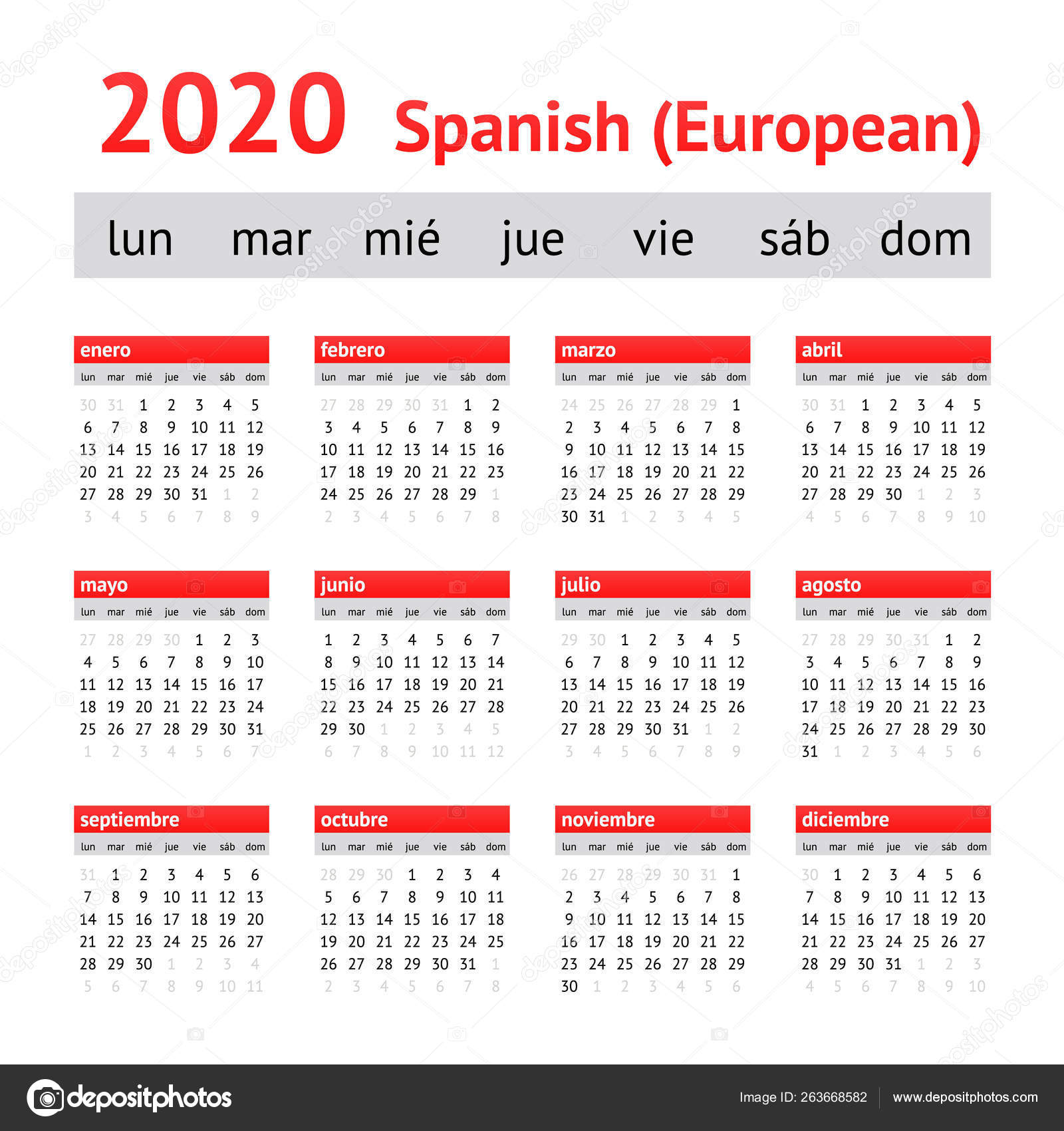 Calendar Spain European Spanish Calendar Vector Image By C New Year Vector Stock