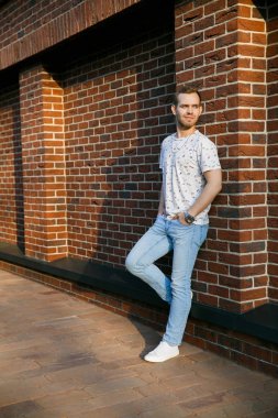 Bir yaz akşamı tuğla duvarda duran kıllar ile genç güzel şık adam