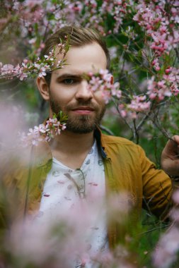 Yeşil ve gür pembe badem çiçekleri Genç sevimli şık adam rüyalar