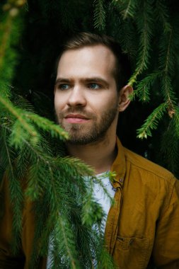 Yeşil ve gür köknar dalları genç sevimli şık adam rüyalar
