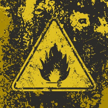 Grunge poster Flammable sign. Vector illustration of potential fire hazard triangle sign on grunge dirty yellow background. It can be used as a poster and other design projects. clipart