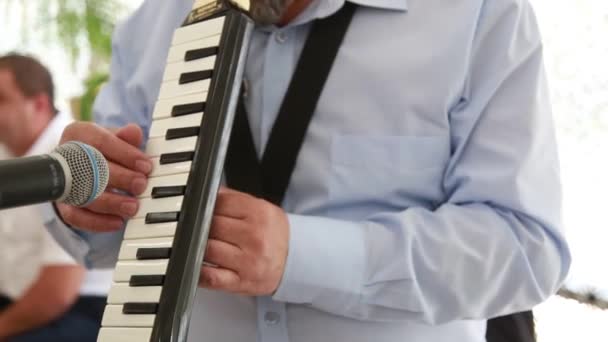 Nahaufnahme eines Mannes, der auf dem Musikinstrument MELODICA spielt — Stockvideo