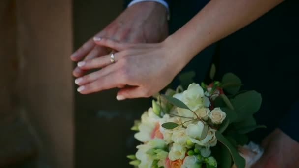 Lentamente, perto, noiva com noivo, alianças de casamento a mãos — Vídeo de Stock