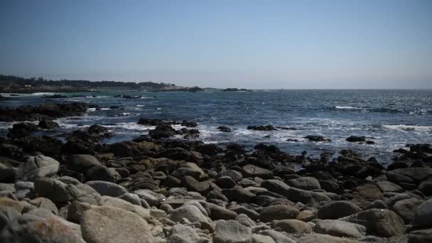 Beautiful view of the rocky shore of the ocean, lots of gulls. — Stock Video